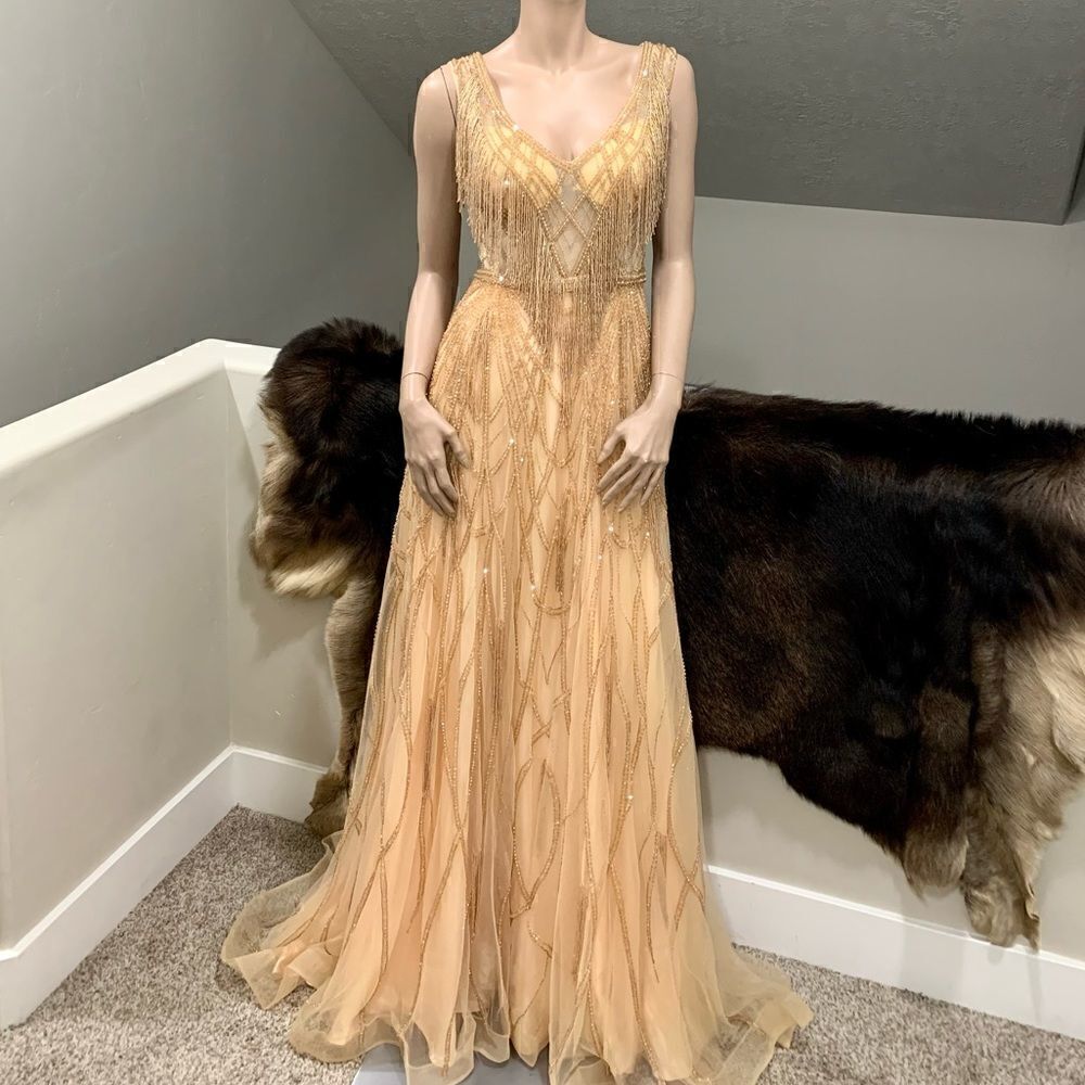 Custom Heavily Jeweled Dream Gown/All-over Crystal Beads Illusion Beaded Tassel
